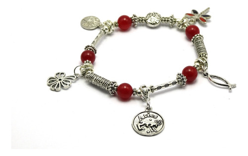 Pulsera Zodiacal Medalla Signo Aries -jaspe Rojo - Ref:019