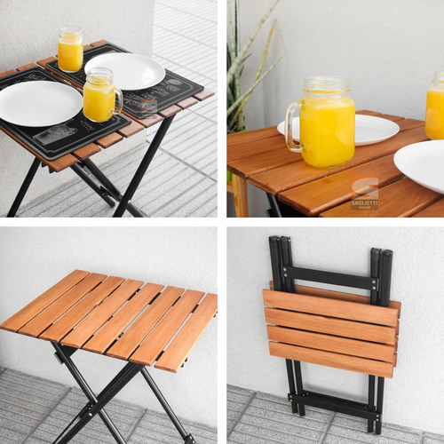 Imagen 7 de 10 de Mesa Plegable Chica 60x50 Aluminio Negro Y Madera Industrial