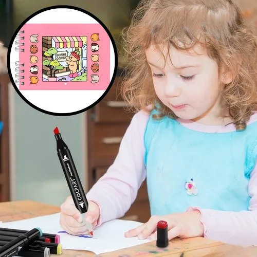 Livro De Colorir Bobbie Goods Capa Dura 50 Folhas Com Acetato + Kit Com 24 Canetinhas Touch Ponta Dupla Coloridas + Brinde Chaveiro- Ideal Relaxamento Estimula Criatividade Infantil Presente Crianças