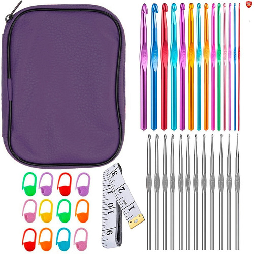 Imagen 1 de 8 de Kit 22 Agujas Crochet Metálicas + 12 Marcadores + Metro 36un