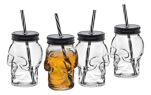 Vaso De Cristal Con Tapa Y Pajita Con Diseño De Calavera Mas