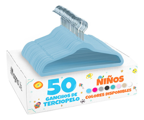 50 Ganchos de Terciopelo para Ropa Infantil, Gancho Plateado Giratorio de 360 Grados, Antideslizante, 35 cm de Largo (Azul Claro)