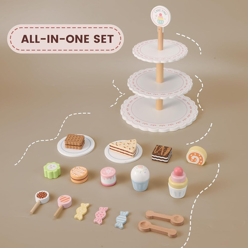 Juego De Cafetera Para Niños Y Soporte De Postre De Madera,