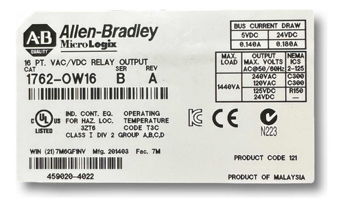 Allen Bradley 1762-ow16 Módulo De Salidas Micrologix 18 (Usado)
