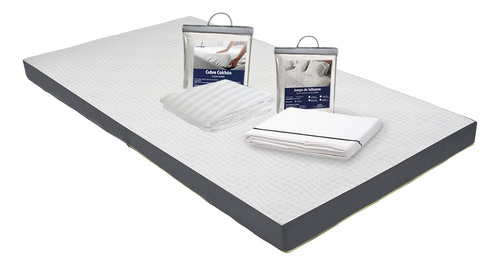 Colchón Individual En Caja 10cm + Juego Sábanas + Protector Blanco Con Gris