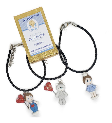 Recuerdo Bautizo 3 Pz Pulsera De Piel Con Dije Niño