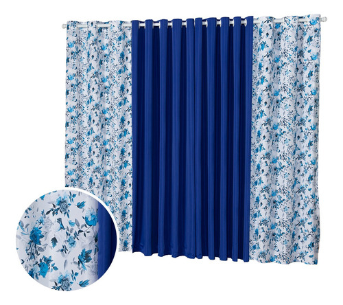Cortina Floratta 3,00 X 2,20m Sala Quarto Estampada Floral Cor Azul