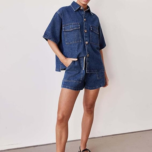 Conjunto Jeans Feminino De Verão Com 2 Peças