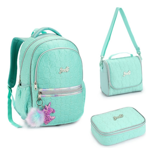Kit Mochila Lancheira Estojo Juvenil Chaveiro Unicornio