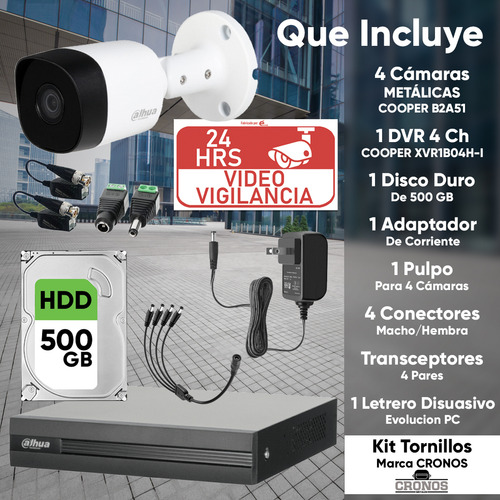 Kit videovigilancia cronos 4 cámaras Dahua bala B2A51N metálicas 5mp HDD 500GB Baluns accesorios kit cctv DH-KIT5MP-PLUS2N dvr dahua XVR1b04-i circuito cerrado