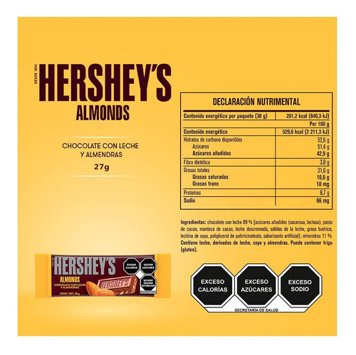 Hershey's Almonds Chocolate Leche Y Almendras Pack 6pz 27gr