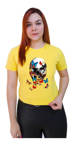 Polera Dama Estampada 100%algodon Calavera Mariposa 380