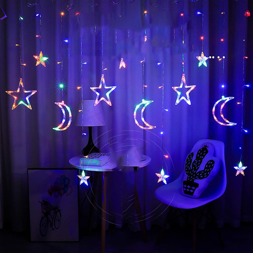 Cortina De Luces Led Estrellas Y Lunas Decorativa Multicolor