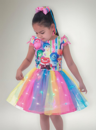 Vestido Divertida Mente 2 Saia Tutu Colorido Com Led
