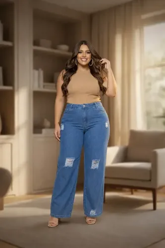 Calça Jeans Wide Leg Feminina Plus Size Destroyed MULTIMARCAS