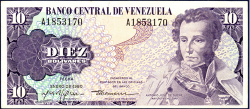 Billete 10 Bolívares A7 Enero 1980 150 Años Muerte De Sucre