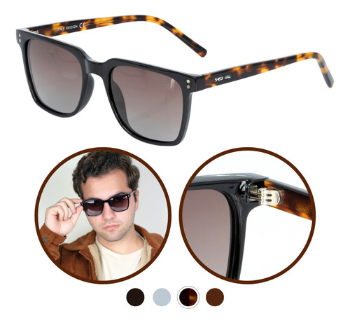 Óculos De Sol Masculino Quadrado Casual Acetato Polarizado Cor Preto/tartaruga Armação Solar Shield Wall Proteção UV400