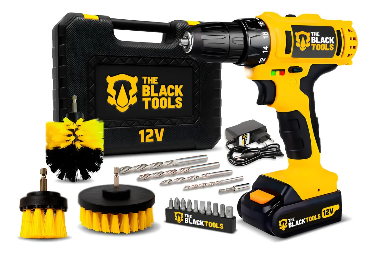 Kit Furadeira E Parafusadeira 12V 3/8 Polegadas Bivolt Com Maleta + 3 Escovas Rotativas Limpeza TB-12E The Black Tools