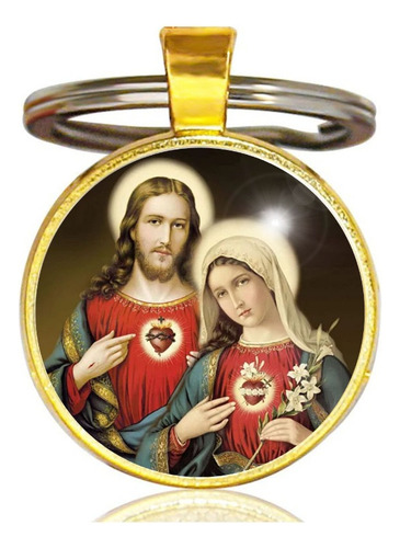 Chaveiro Jesus Cristo E Maria Santíssima Cor Dourado