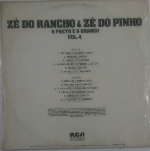 Lp Vinil - Zé Do Rancho E Zé Do Pinho Vol. 4 (Usado)