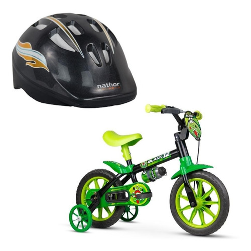 Imagem 1 de 8 de Kit Bicicleta Aro 12 Black Verde + Capacete Infantil Nathor