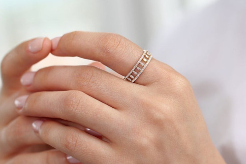 Anel De Dupla Fileira De Diamante Micro Pave Em Ouro 18k