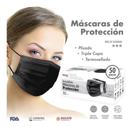 50 Cubrebocas Tricapa, Termosellado, Plisado, Ajuste Nasal