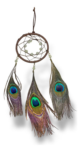 Atrapasueños Artesanal Plumas Pavo Real Con Piedra Natural