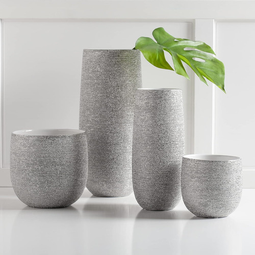 Torre & Tagus Brava Spun - Maceta Plateada Metálica Texturiz