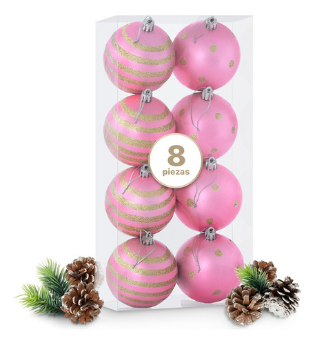 Set 8 Esferas Navideñas 8cm Adornos Arbol Navidad Esquimal Color Rosa - Dorado