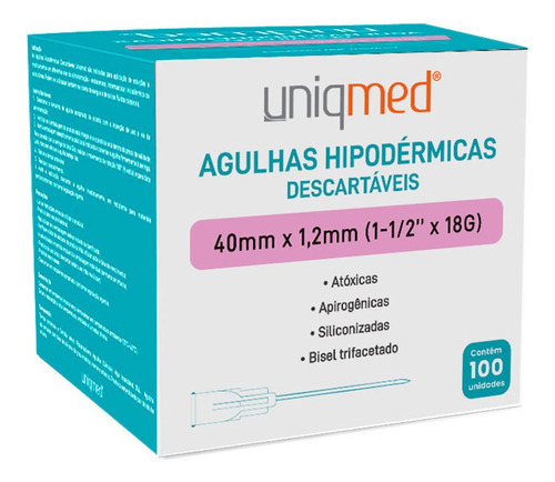 Caixa Agulha HiPodérmica Uniqmed Rosa 18g 1-1/2  100un