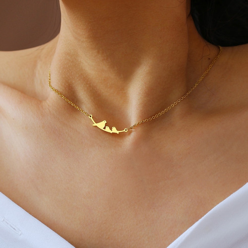 Collar Mujer Dije Pajaritos Baño Oro 14k Mamá Acero Regalo