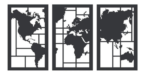 Cuadro Triptico De Madera Calada Plansiferio Mapamundi Color Negro