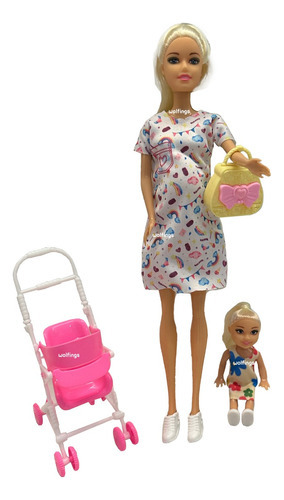 Imagen 1 de 3 de Muñeca Tiny Mama Futura Mamá Embarazada Bebe Cochecito Hija
