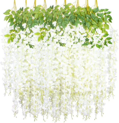 12 Enredaderas De Flores De Glicinia Artificial Blanco