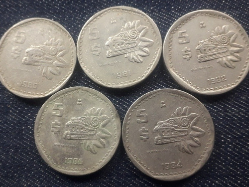 Monedas 5 Pesos Quetzalcoalt 1980 A 1985 (5pzas) Usadas