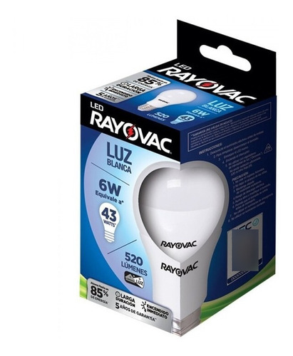 Ampolleta Luz Blanca 6w Led Rayovac 520 Lumenes 6500k E27 