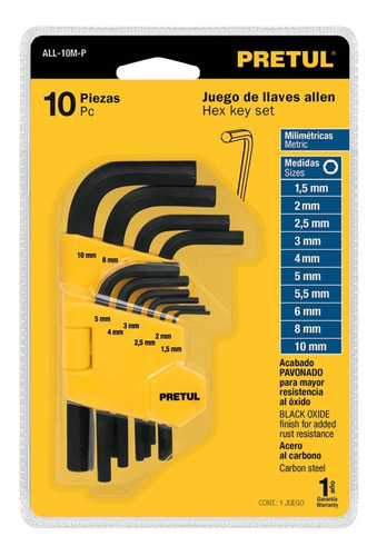 Juego De Llaves Allen 10 Unidades Milimétricas Pretul 