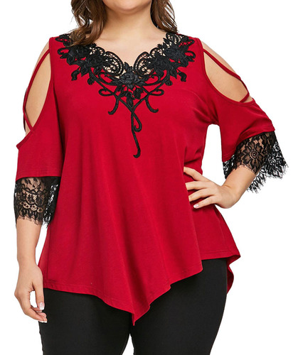 Camiseta Casual De Encaje Con Hombros Descubiertos De Talla