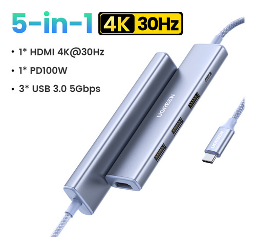 Hub Ugreen 5 En 1 Usb C A Usb 3.0 X 3 + Hdmi 4k + Carga 100w Color Azul Claro
