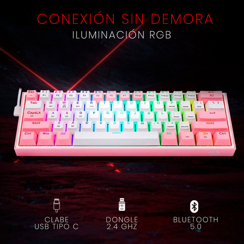 Teclado Gamer Bluetooth Redragon Fizz Pro K616-rgb Qwerty In Blanco/rosa Inglés Us