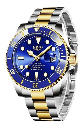 Relógio de pulso Lige LG10045 com corria de aço inoxidável cor prateado/dourado - fondo azul - bisel azul/dourado