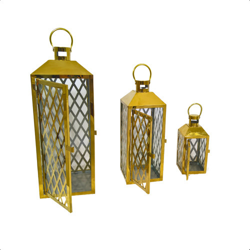 Lanternas Marroquinas Zahara Conjunto Com 3 Decorativas Douradas - Design Geométrico, Metal/vidro, Alças Para Pendurar, Elegância Para Interior/exterior, Ideal Para Velas/leds