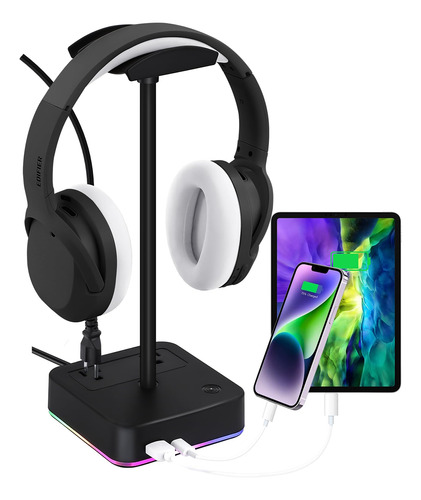 Elcbeam Soporte Para Auriculares Rgb Con 2 Puertos De Carga