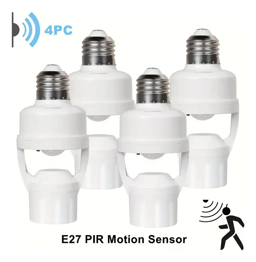 DEHOBO Socket E27 con Sensor de Movimiento 360° para Focos, Pack de 4 Porta Lámparas Blanco para Exterior e Interior