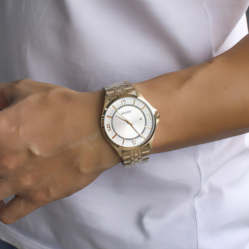 Relógio Orient Masculino Dourado Mgss1235 S2kx Analogico Cor do fundo Prateado