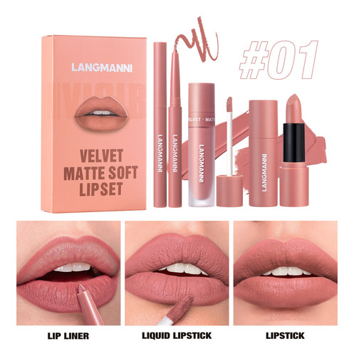 Set De Lápiz Labial 3 En 1, Brillo Labial Y Lápiz Labial Imp