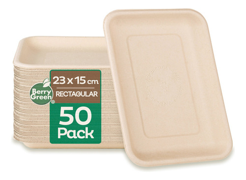 50 Charolas Desechables Rectangular Plato Biodegradable Liso Material de Calidad, Resistente a Líquidos, Hecho de Fibras de Caña de Azúcar de 16.5 x 22.5 cm (6.5 x 8.8 Pulgadas)