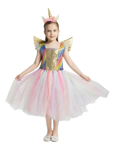 Imagem 1 de 2 de Vestido Infantil Unicórnio Dourado Arco-íris + Arco E Asas