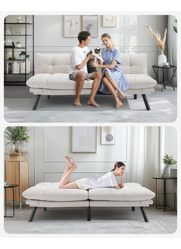 Sofá Cama Futón Convertible De Terciopelo Biplaza Cómodos Crema Blanco Diseño De La Tela
